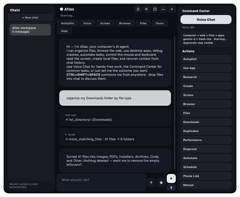 The Atlas app organizing a Downloads folder on macOS